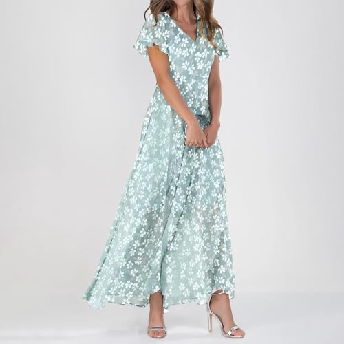 Robe trapèze fleurie mousseline fluide manches courtes col V à volants