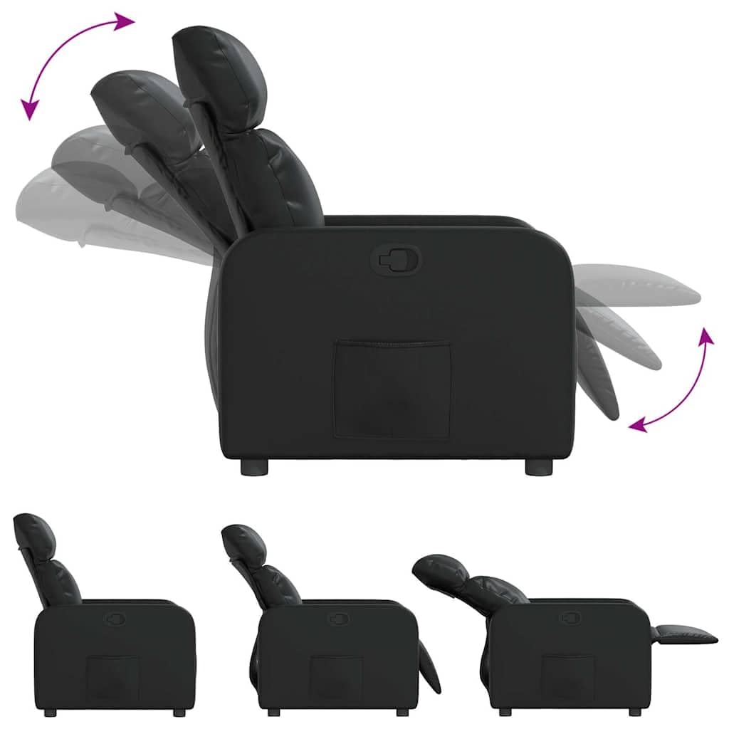 Sillón de relax manual de piel sintética con bolsillo lateral, color negro, respaldo ajustable hasta 135 grados, asiento acolchado grueso y reposabrazos, marco de madera y metal resistente,