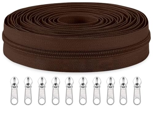 Image of Zipper Roll (Number : 5) 5 Meter with 10 Zip Puller - Two Way Open-Ended Nylon Zipper (Brown, 5 Meter)