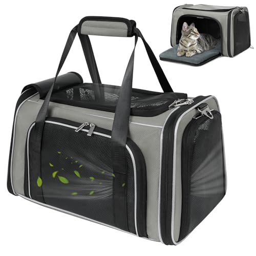 WOYYHO 20lbs 1680D Oxford Pet Cat Carrier Airline Approved Breathable Mesh Dog Travel Soft Sided Carrier for Small Medium Cat Dog Collapsible Tear Resistant Carrier for 2 Small Cats, Grey