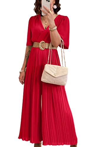 Prettygarden Women's Jumpsuits Casual Wrap V Neck Ruffle Sleeve Wide Leg Flowy Romper One Piece Summer Outfits (Red,Large) #TOP16