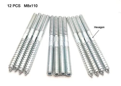 Image of Hanger Bolt M8x110 Silvery Double Headed Bolt Self-Tapping Screw with Hexagon for Furniture 12Pcs