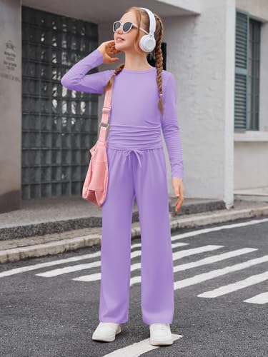 Haloumoning Girls 2 Piece Outfits Kids Ruched Long Sleeve Tops and Wide Leg Pants with Pockets Sweatsuit Clothing Sets3