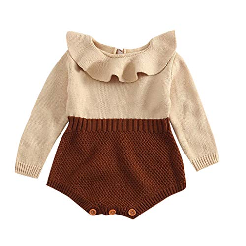 Baby Girls Spring Warm Crochet Romper Clothes Set for 0-24M Toddler Kids Newborn Long Sleeve Knitted Bodysuit Outfit Brown
