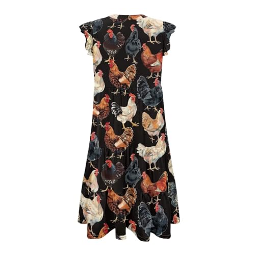 Image of Women's Casual Ruffle Sleeve Dress V Neck Pullover Dress Flowy A-Line Pleated Lightweight Dress with Pockets