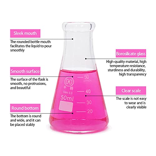 50Ml Glass Erlenmeyer Flask Set, Narrow Mouth Graduated Flasks, 3.3 Borosilicate Glass, Ideal For Laboratory, Classroom Or Home Use, Huaou, Pack Of 6 #TOP2