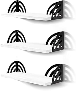 CASSA Wall Mounted Floating Shelves Set of 3, 42cm x 15cm x 10.5cm Storage Bookshelf for Living Room Office Bedroom Bathroom Kitchen Modern MDF Wood with Curved Metal Bracket (White)
