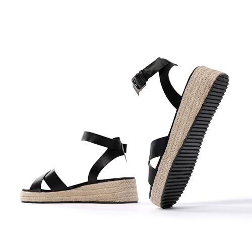 LUNATECH Women's Summer Wedge Sandals Womens Sandals Open Toe Ladies Espadrille Sandals Casual Sandals Buckle Sandals For Women (BLACK, Adult, Women, 5, Numeric, UK Footwear Size System, Medium)