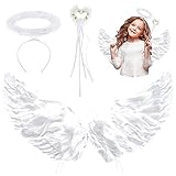 Engels Flügel Kostüm Weiß, 60cm Engelsflügel mit Heiligenschein Weißen Flügeln und Zauberstab, Engelsflügel Deko für Halloween Karneval Cosplay Party Fasching