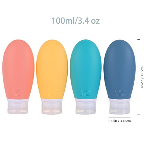 Silikon Reiseflaschen Set,4 Stück 100ml Auslaufsicher Squeeze Reise Container Portable nachfüllbare Toilettenartikel Set Flaschenzubehörbehälter Leere Reisegröße für Shampoo Conditioner Lotion