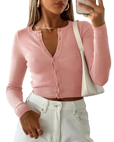 Image of Cardigan Sweaters for Women Crew Neck Cropped Sweater Tops Dressy Casual Long Sleeve Shirts