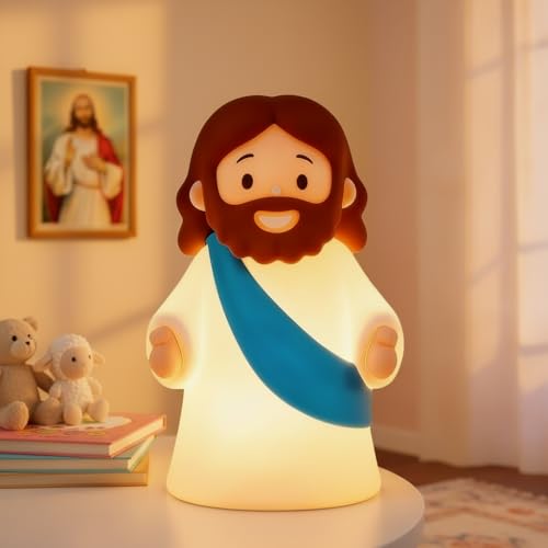 magical JD Little Jesus Night Light Mini Silicone Jesus Lamp Dimmable Rechargeable Touch Bedside Lamp for Nursery & Kids Ideal Religious Gift for Christmas Easter and Baptism (Blue)