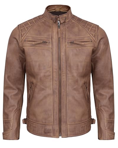Image of Leather Jacket Men - Real Lambskin Motorcycle Jacket with Snap Tab Collar, Adjustable Waist & Zippered Pockets