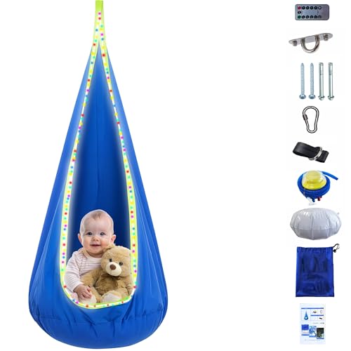 Kids Hanging Pod Swing Chair - Upgraded Indoor Outdoor Light Up Hammock Seat with LED Lights - Child Sensory Ceiling Couch Swings with Inflatable Pillow for Inside Outside Room