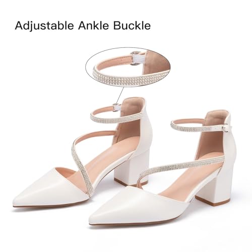 Frank Mully Women's Heel Pumps Close Toe Heels Low Block Chunky Pumps Shoes with Ankle Straps Wedding Party Dress Shoes Rhinestone3