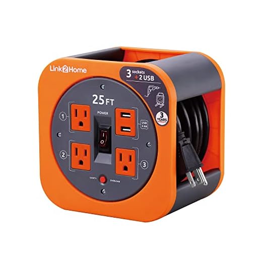 Link2Home Cord Reel 25 ft. Extension Cord 3 Power Outlets, 2 USB Ports, 2.4A Fast Charge – 16 AWG SJT Cable