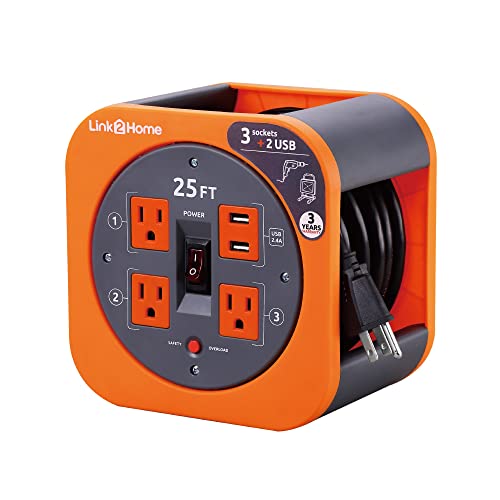 Link2Home Cord Reel 25 ft. Extension Cord 4 Power Outlets, 2 USB Ports, 2.4A Fast Charge – 16 AWG SJT Cable.