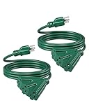 DEWENWILS 10 FT Green Outdoor Tri-Tap Extension Cord Splitter, Weatherproof 16/3 SJTW Power Cable for Holiday Decoration and Landscaping Lights, UL Listed, Pack of 2