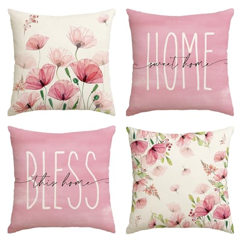 Artoid Mode Lot de 4 Housses de Coussin décoratives Motif Feuilles de Coquelicot - 45 x 45 cm - pour l'été et la Maison