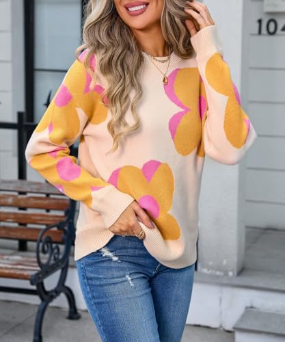 Image of Sumleno Womens Cute Color Block Flower Pattern Sweaters Crewneck Pullover Tops Kawaii Aesthetic Fall Winter Knitwear