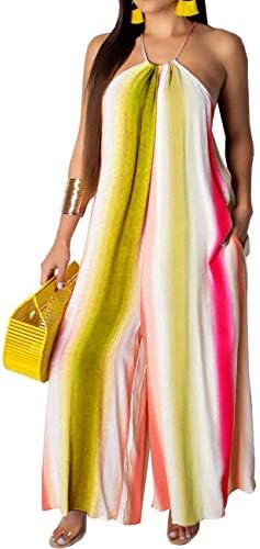 BestGirl Women's Casual Loose Plus Size Jumpsuits Stripe Print Spaghetti Strap Wide Leg Pants with Pockets Medium Multicolored-5