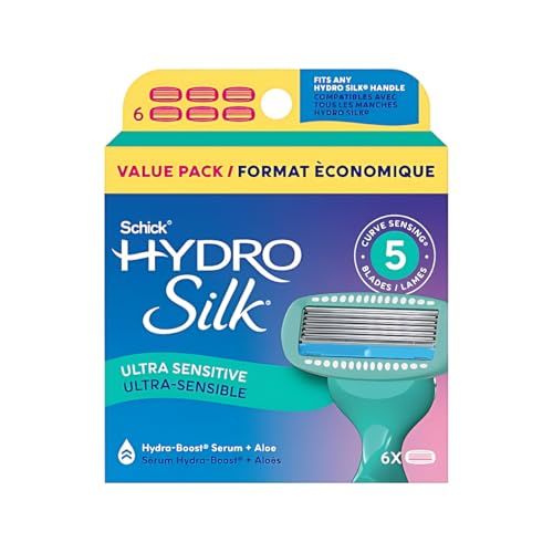 Sensitive Womens Razor Refills, 6 Ct, 5-Blade Razors For Women Sensitive Skin, Water-Activated Hydra-Boost Serum,Waterproof Packaging