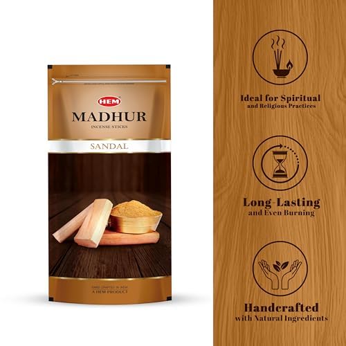 Image of Hem Madhur Sandal Incense Sticks - Pack of 3 | Sandalwood Aroma for Puja, Meditation & Home Ambiance | Resealable Zip Pouch Aggarbatti | Long-Lasting Fragrance | Burns 35-40 Min | Approx 300 Sticks