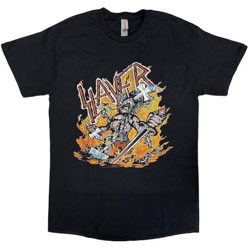 T-shirt Slayer noir taille M résistant avec logo imprimé cartoon flames pour festival rock