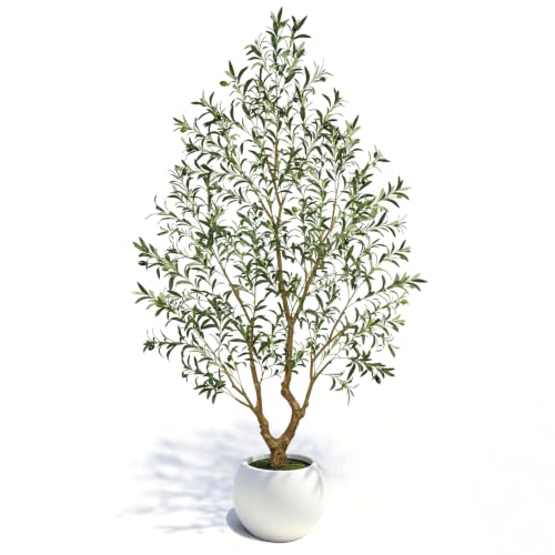 Artificial Olive Tree 8FT Tall Faux Olive Tree Indoor with Large White Round Planter Full-Shape Fake Olive Plant PE Leaves and Premium Plastic Trunk for Home Living Room Office Decor