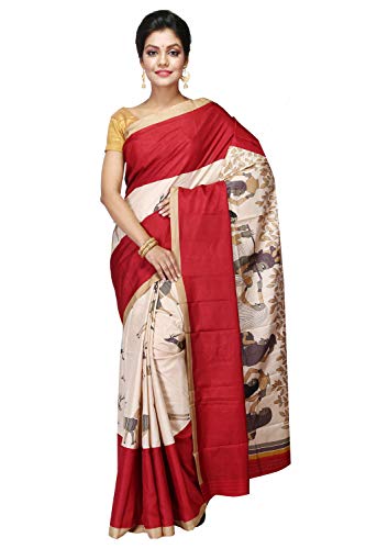 FabstyleIndia Womens Tussar Silk Bengal Handloom Saree with Blouse Piece (Off-White and Marron), Saree Length - 5.5 m + .8 m Blouse Piece