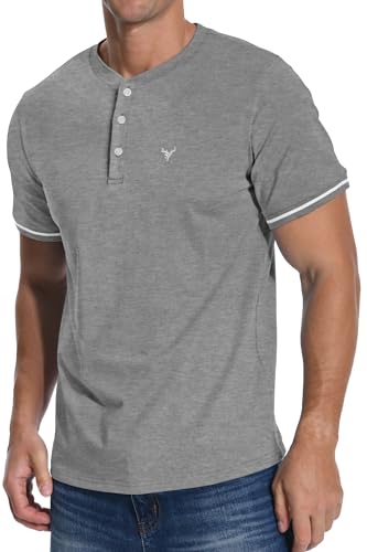 KUYIGO Camiseta Henley bordada de manga corta para hombre, informal, deportiva, tejida, gris claro, L