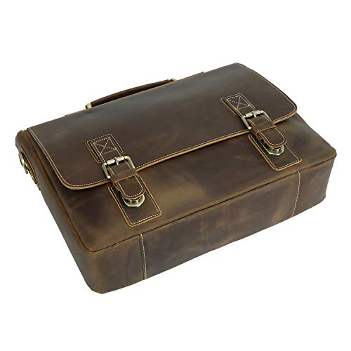 Texbo Men's 16 Inch Full Grain Cowhide Leather Laptop Briefcase Messenger Bag Tote with YKK Metal Zipper