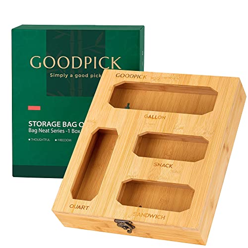 Goodpick Bambus-Lebensmittelaufbewahrungstasche Organizer und Spender, Plastiktütenhalter, Baggie-Organizer, kompatibel mit Ziploc, Solimo, Glad, Obst, Quart-Größe für Schiebetaschen Cover