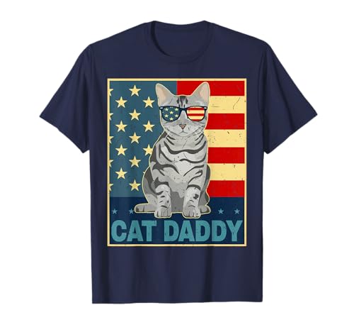 Cat Daddy Tabby Cat Dad Gift Men American Flag Cat Patriotic T-Shirt