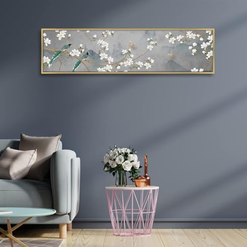 Image of White Floral Love Bird Nature Large Canvas Painting Framed Panel Wall Painting, Framed Luxury Paintings for Home Decoration, Living room, Bedroom & Office Decor - Grey, 13x47 Inch