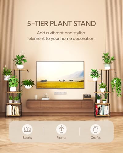 Image of Homsorout Plant Stand Indoor - 5-Tier Metal Plant Shelf with Hanging Basket Hook, Corner Tall Flower Holder for Multiple Plants, Living Room Balcony Garden Patio, Rustic Brown