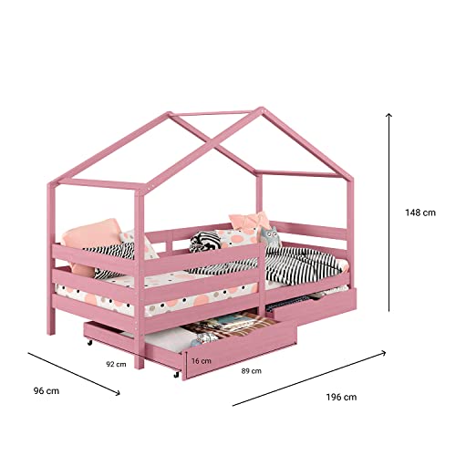 Cama Montessoriana Madeira Maciça Casa com Estrado Ena (Rosa)
