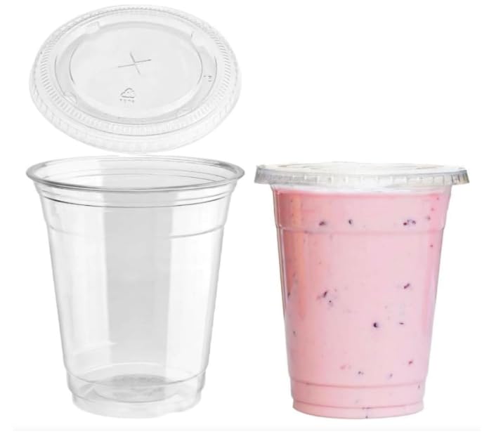 IMTINA 50 Vasos PET para Batidos, Granizados, Smoothies, Frappés, Helados, Fruta, Snack, con Tapas Planas, Transparentes, Reutilizables, Ideal para takeaway, Picnic, 50 Unidades (375 ml)