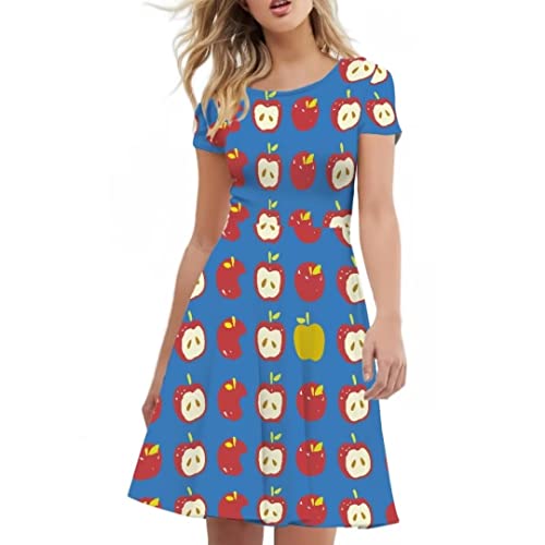 Allinterest Red Yellow Apple Print Women Short Sleeve Dress Personalized Lightweight Casual Loose Dresses — view 3