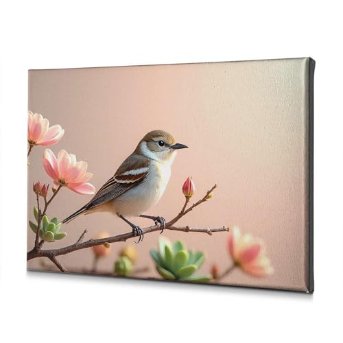 Toile décorative salon : oiseau et fleurs roses 40x60 cm pour sublimer votre intérieur