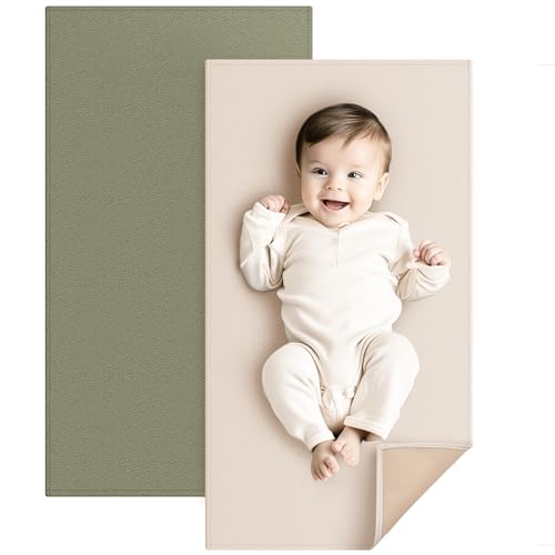 Image of Konssy Faux Leather Baby Changing Mat, Waterproof, Wipeable & Portable Diaper Changing Pad for Travel or Home, Fits Perfectly in Diaper Bag, 30 x 17 inches (Fog Green,Beige)