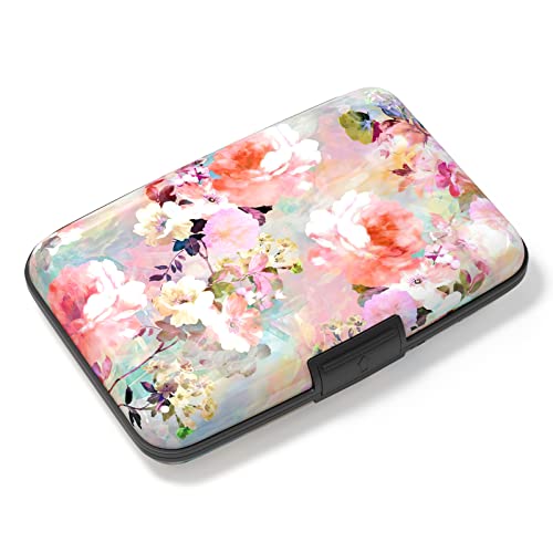Image of Credit Card Holder, Mini Aluminum Card Wallet RFID Blocking Slim Metal Hard Card Case for Women Men, Pink Flowers