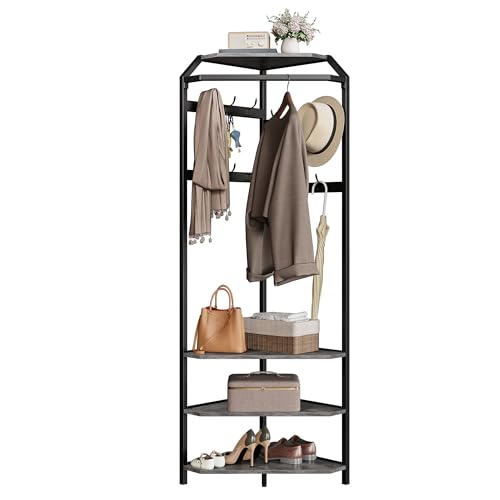 Garvee Porte-Manteau d'Angle Avec 3 Étagères et Banc à Chaussures, Porte-Manteau à Poser Avec 12 Crochets, Étagère à Chaussures Pour Entrée