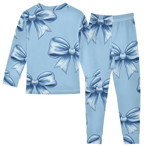 Pajama Sets Long Sleeve Blue Ribbon Bow Pattern Soft Comfy Sleepwear 2 Piece PJS 3-8T3