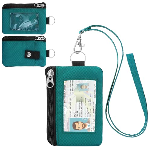 Image of Minimalist RFID Wallet with Lanyard, Multi-Functional ID Case with 2 Zipper Pockets and Key Chain for Men and Women, Tactical Badge Pouch Cards Holder, Coin Purse for Travel Sports - Peacock