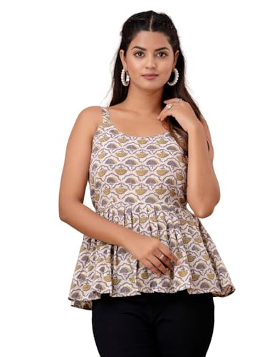 Image of feranoid Women Cotton Printed Sleeveless Strap Peplum Top