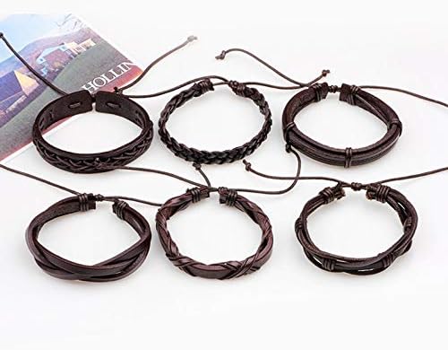 6PCS/SET Multilayer Men Solid Color PU Leather Braided Bracelet Casual Bracelet Bangles Jewelry Best Birthday Gift