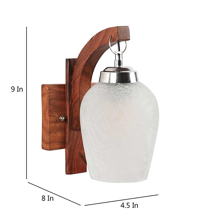Image of Fosted Blur Glass with Brown Wooden Polished Wall Light for Living Room I Night Lamp for Bed Room (Bulb Not Include)