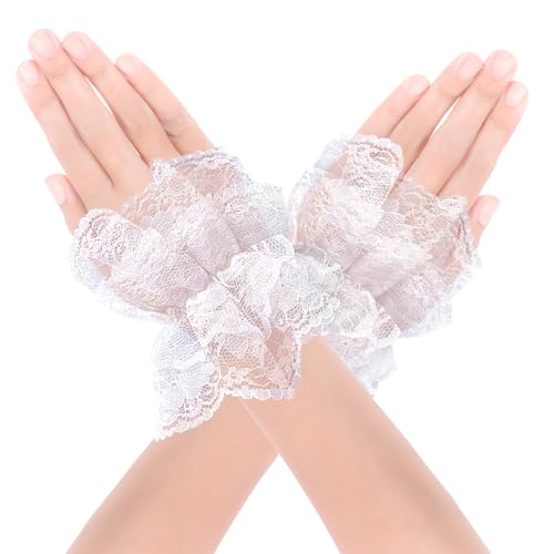 White Lace Wrist Cuffs for Women Girls Lolita Style Ruffle Bracelet Sleeves Elastic Lace Hand Accessories for Halloween Wedding Tea Party Masquerade Nightclub Cosplay or Stage Performance