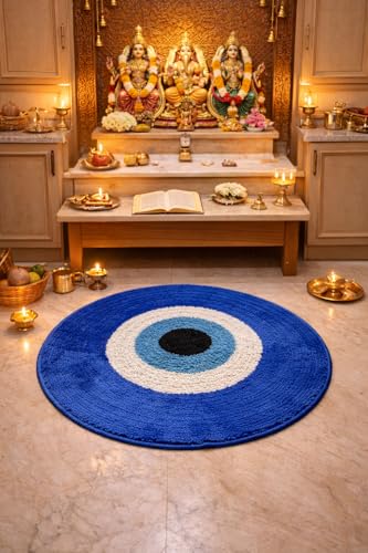 Image of Adequate Decorative Super Soft Round Evil Eye Rangoli Door Mat, Blue, Microfiber, Doormat for Home Entrance| Bedroom| Bathroom| Kitchen| Living| Pooja Room| Temple| Floor mat (Round Evil Eye mat)